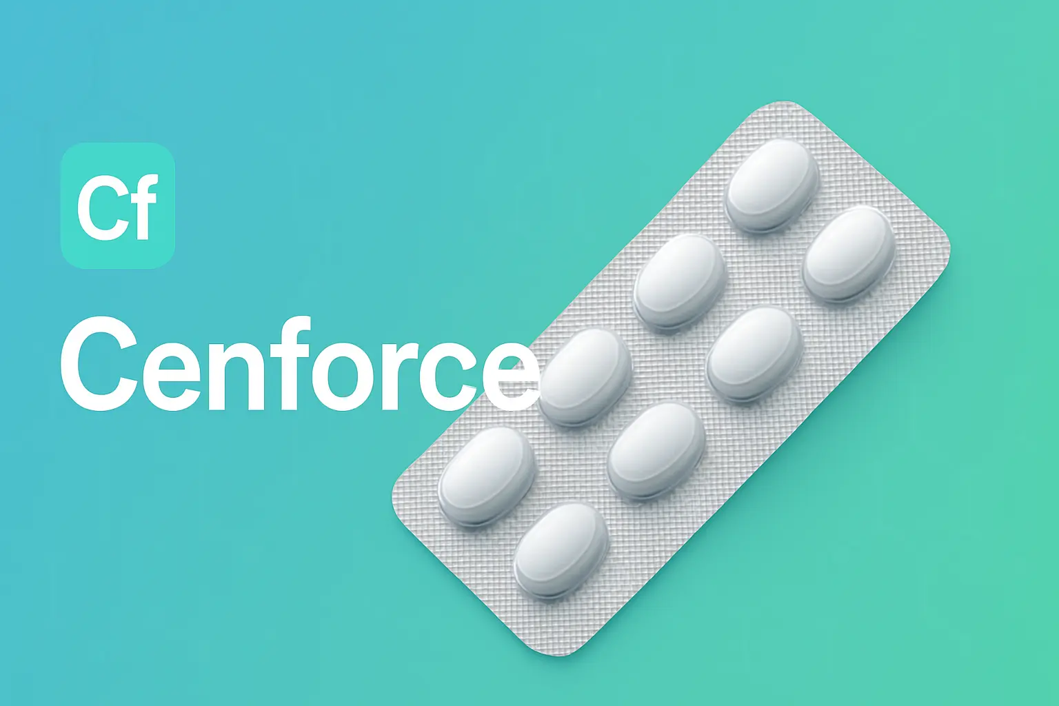 A clean, medical-themed banner for Cenforce featuring tablets and the Sildenafil molecule.